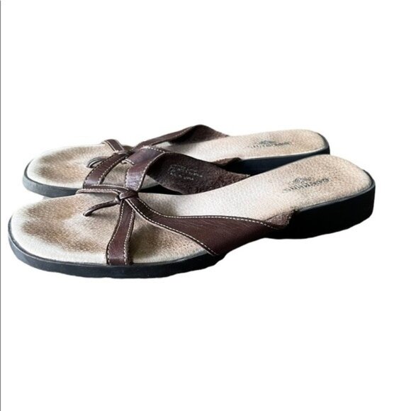 dockers Women Strappy Flip Flops Square Toe Brown Leather Upper Toe Post Sz 8.5 - Picture 1 of 5